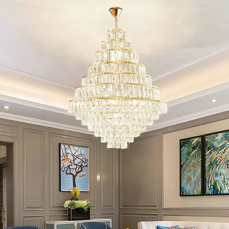 Extra Large Decorative Crystal Chandelier Foyer Hall Ceiling Light Fixture For Staircase In Gold/ Chrome