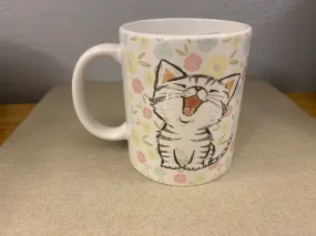 Flowers and Singing Cat mug, custom coffee mug, Cat Mug, coffee lovers mug, Grey Tabby Mug, custom mug, Tabby Cat Mug