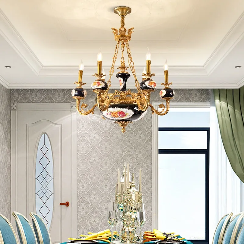 French Classical Style Full Copper Chandelier Hotel Villa Hall Luxury Exquisite Black Classic Ceramic Lamp