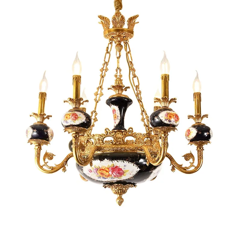 French Classical Style Full Copper Chandelier Hotel Villa Hall Luxury Exquisite Black Classic Ceramic Lamp