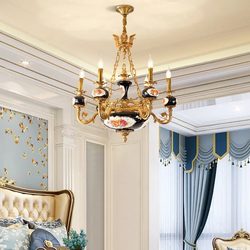 French Classical Style Full Copper Chandelier Hotel Villa Hall Luxury Exquisite Black Classic Ceramic Lamp