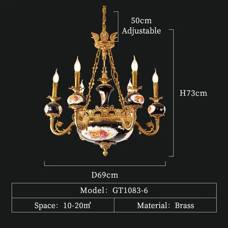 French Classical Style Full Copper Chandelier Hotel Villa Hall Luxury Exquisite Black Classic Ceramic Lamp