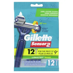 Gillette Sensor2 Pivoting Head Men's Disposable Razors, Blue, 12 Count