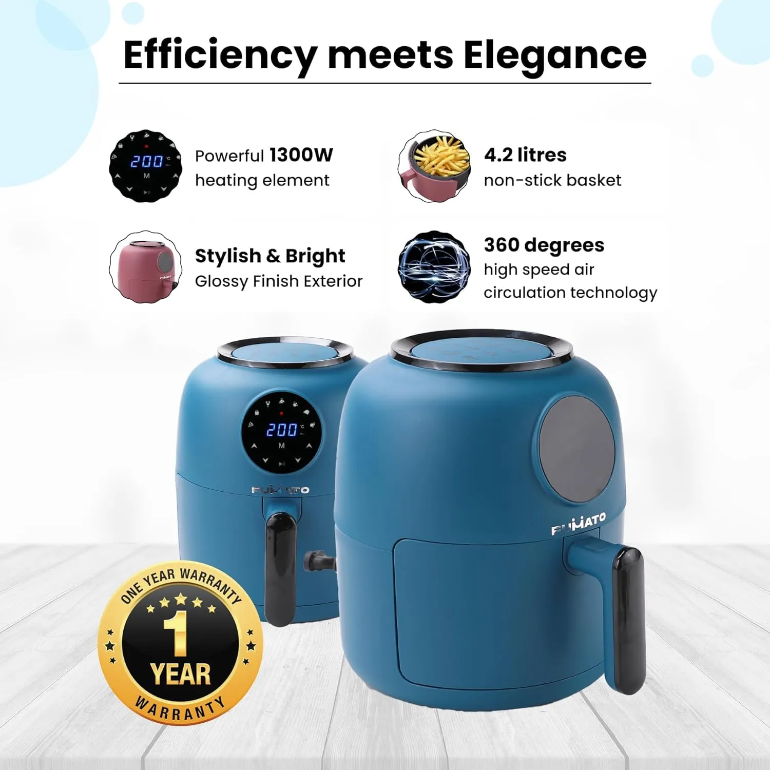 Gleevers X Fumato Wedding & Housewarming Gift | Digital Air Fryer for Home- 12 Presets, 4.5L, 1300W, 5-in-1- Roast, Bake, Grill, Fry, Defrost | 90% Less Oil | 1 Year MF Warranty (Midnight Blue)