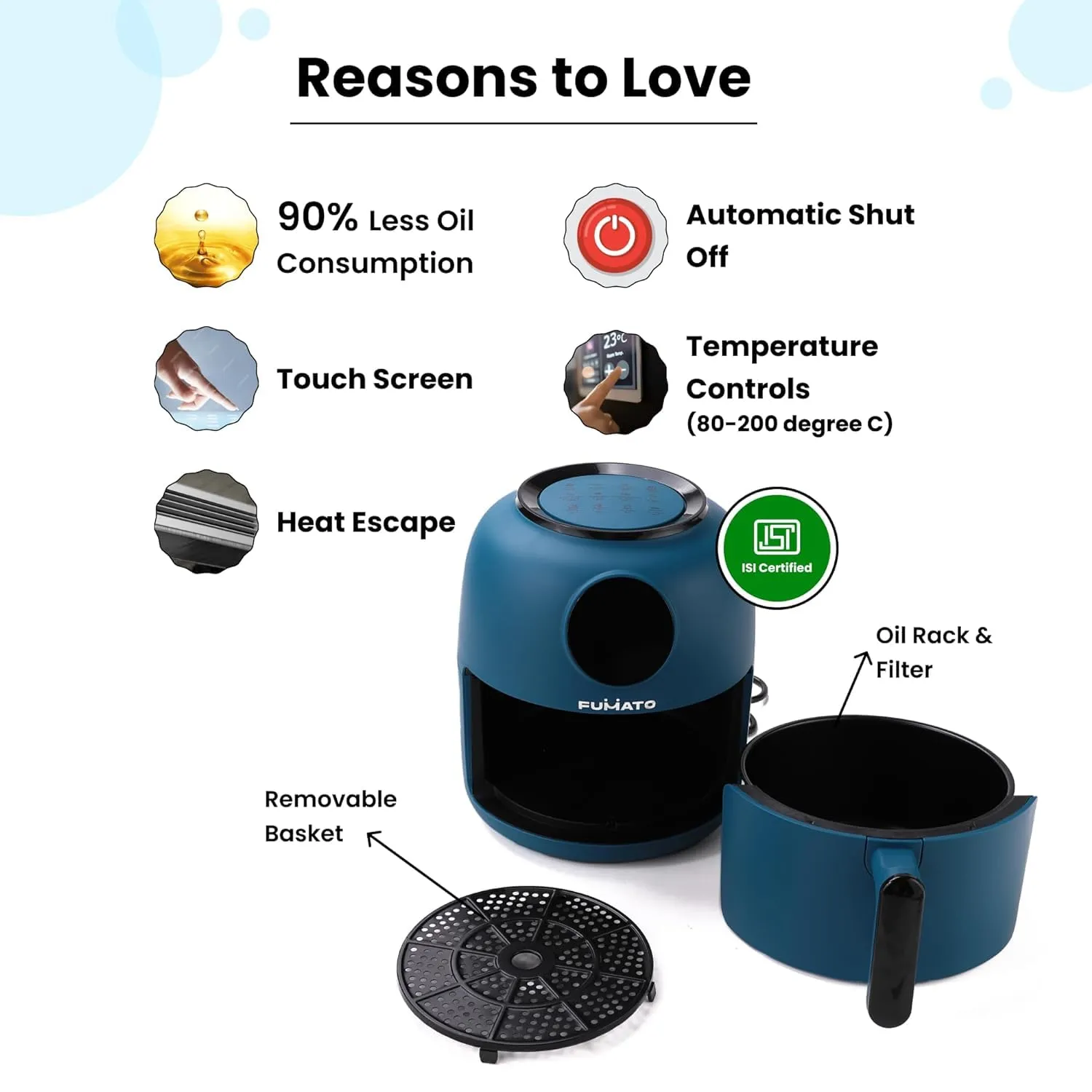 Gleevers X Fumato Wedding & Housewarming Gift | Digital Air Fryer for Home- 12 Presets, 4.5L, 1300W, 5-in-1- Roast, Bake, Grill, Fry, Defrost | 90% Less Oil | 1 Year MF Warranty (Midnight Blue)