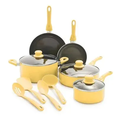 GreenLife Essentials 12pc Ceramic Nonstick Aluminum Cookware Set Light Yellow