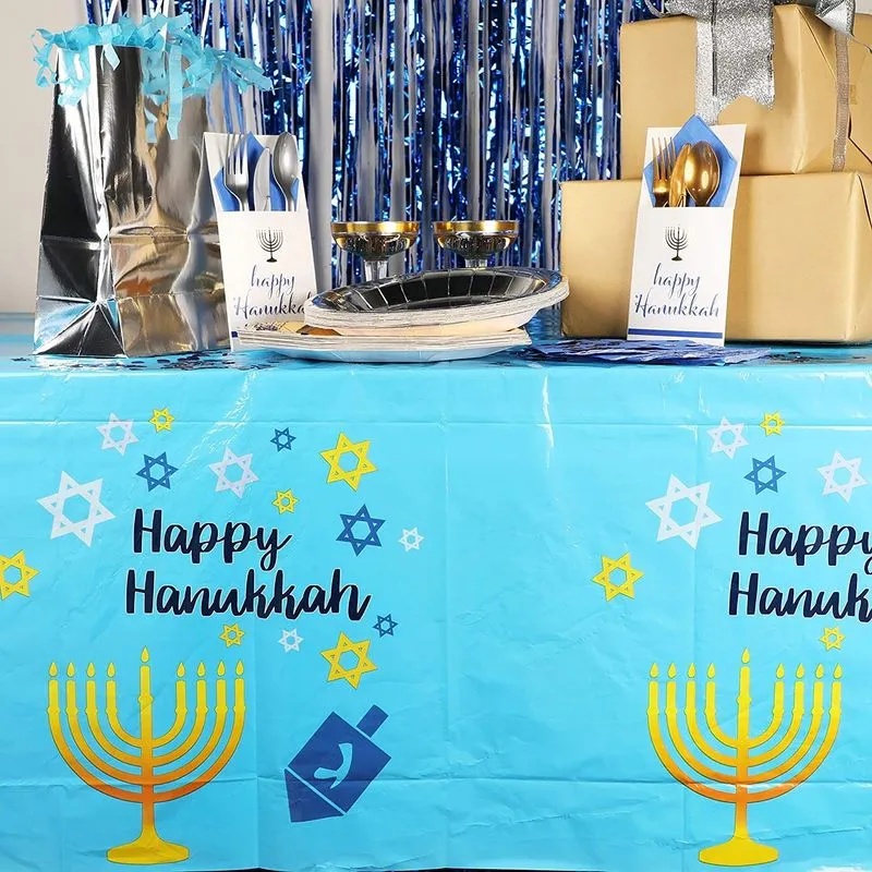 Hanukkah Themed Tablecloths, Menorahs, Dreidels, Star of David (54 x 108 in, 3 Pack)