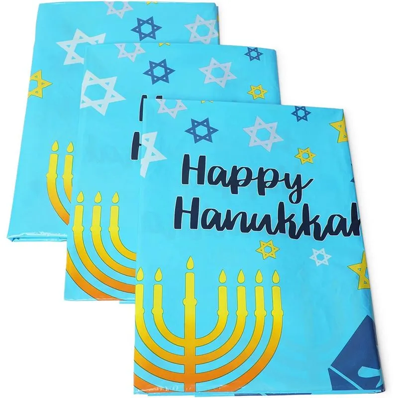 Hanukkah Themed Tablecloths, Menorahs, Dreidels, Star of David (54 x 108 in, 3 Pack)