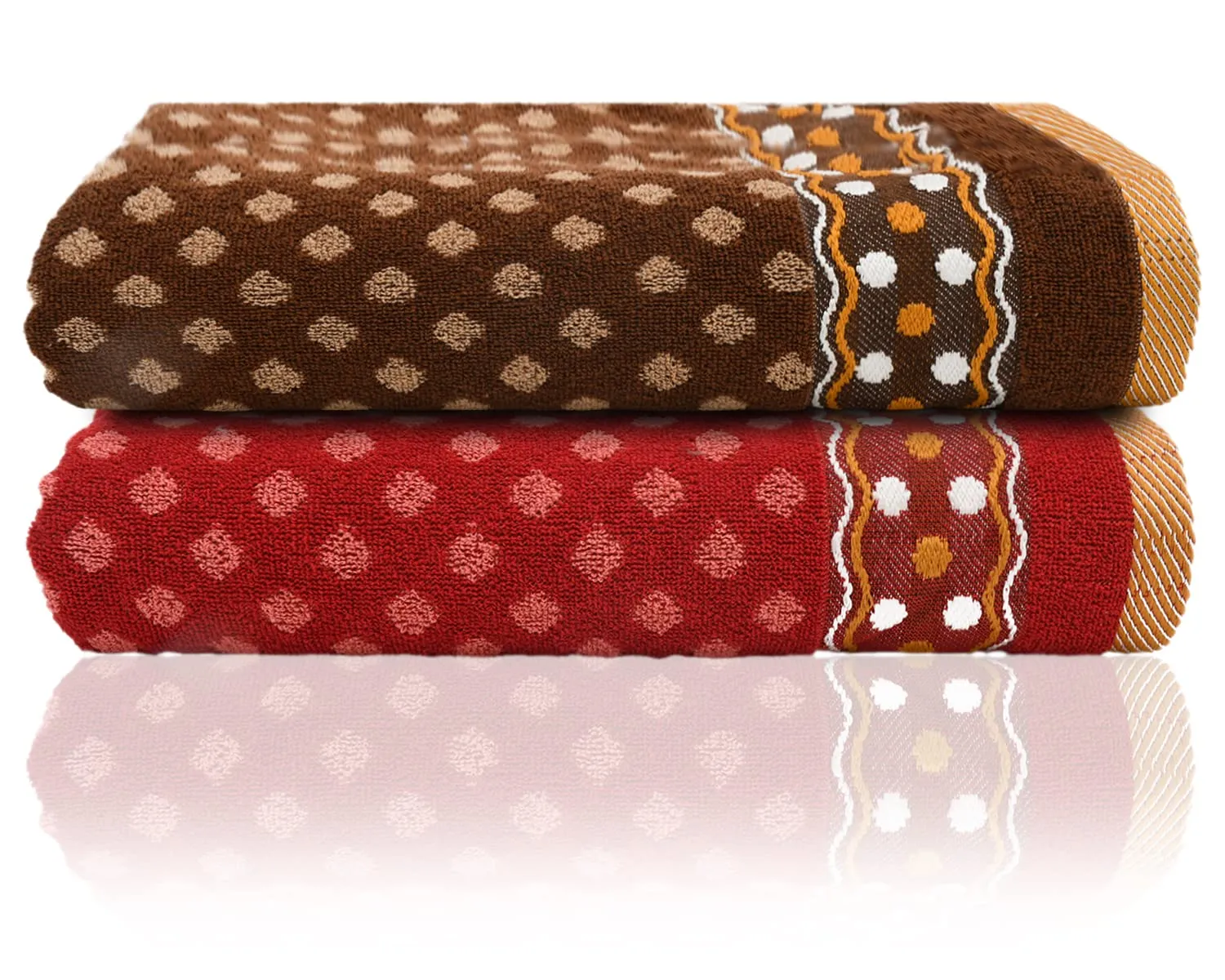 Heart Home Luxurious Dot Printed Soft Cotton Bath Towel Perfect for Daily Use, 30"x60" - Pack of 2 (Red & Brown)-50HH01805