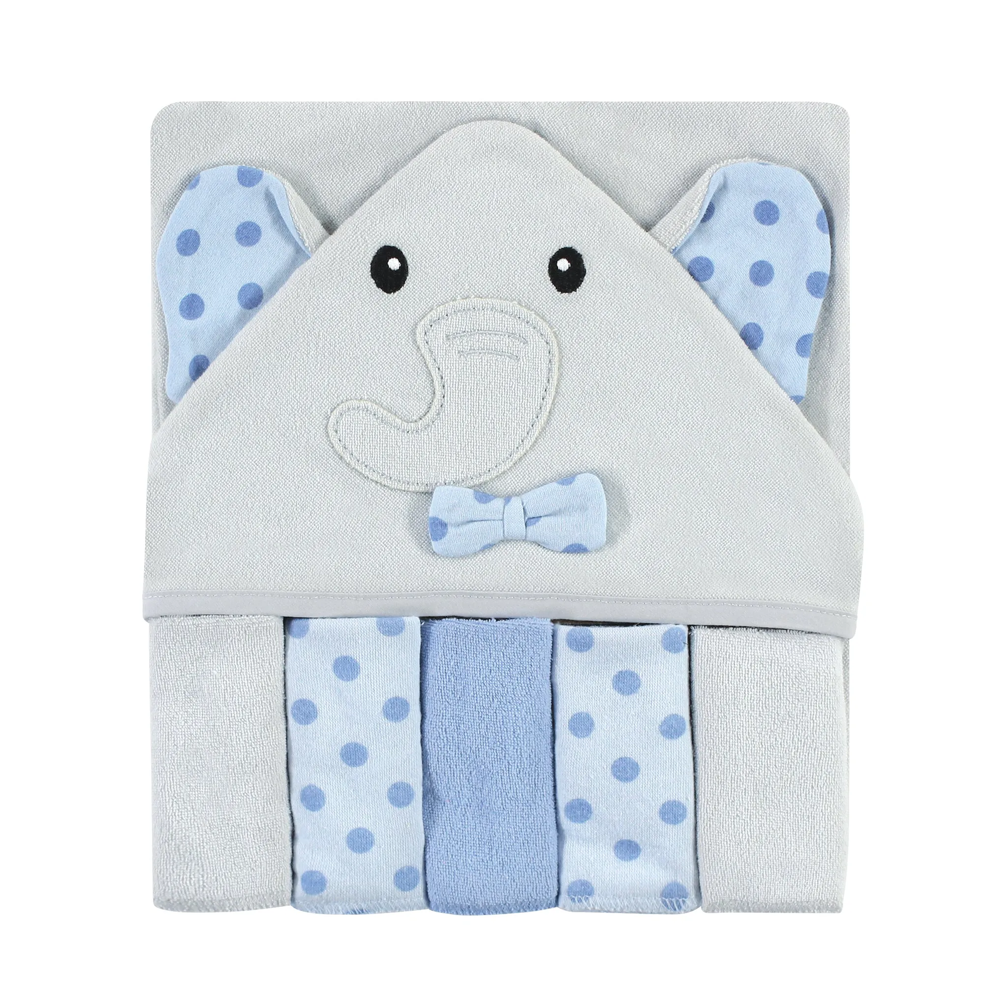 Hudson Baby Hooded Towel and Five Washcloths, Blue Dots Gray Elephant