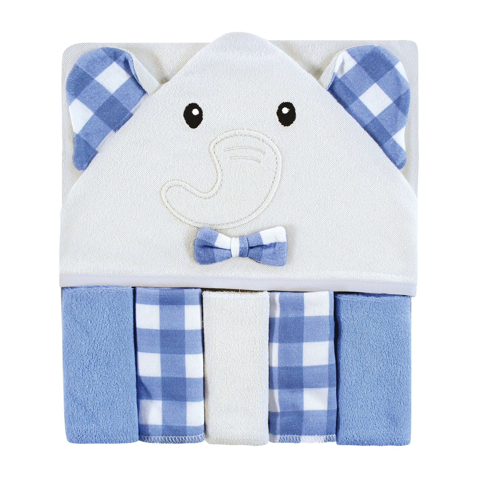 Hudson Baby Hooded Towel and Five Washcloths, Gingham Elephant