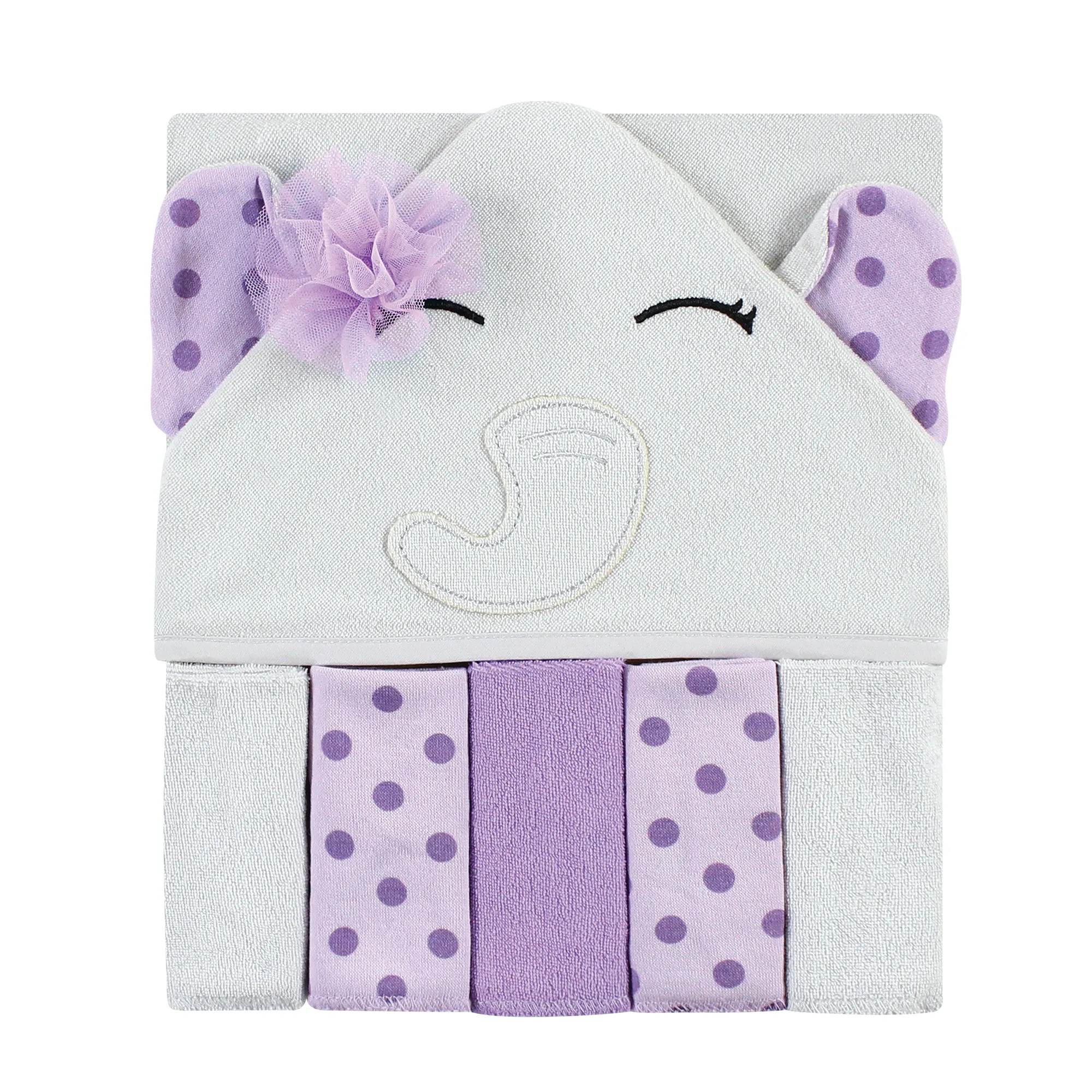 Hudson Baby Hooded Towel and Five Washcloths, Purple Dots Pretty Elephant