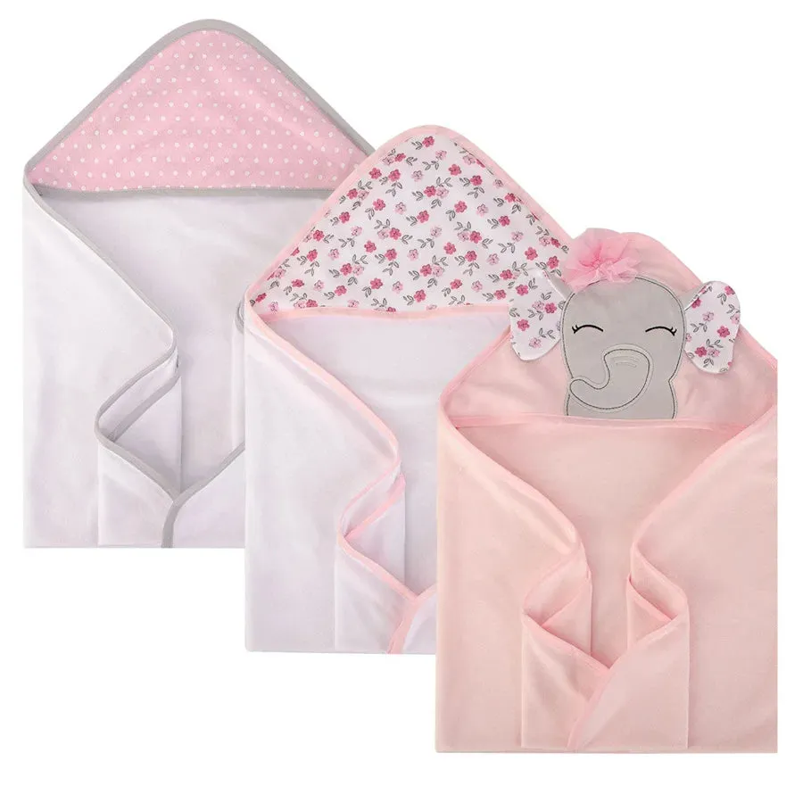 Hudson Baby Knit Terry Hooded Towel 3pc - Floral Pretty Elephant