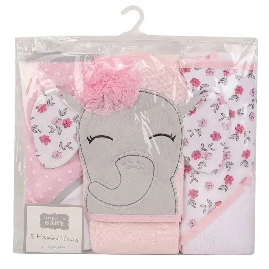 Hudson Baby Knit Terry Hooded Towel 3pc - Floral Pretty Elephant