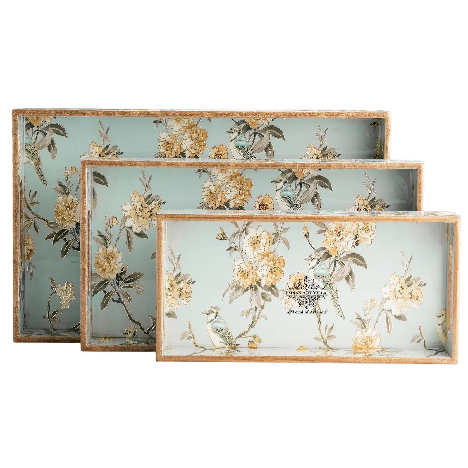 Indian Art Villa Wooden Serving Tray Set of 3 with Floral Design – Elegant Decorative Platters for Serving