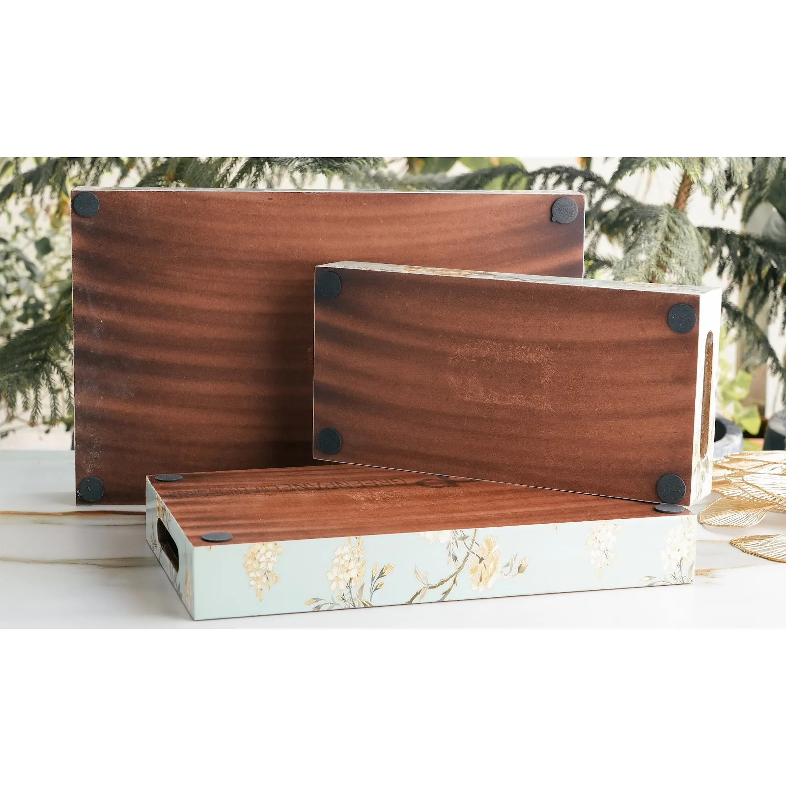 Indian Art Villa Wooden Serving Tray Set of 3 with Floral Design – Elegant Decorative Platters for Serving