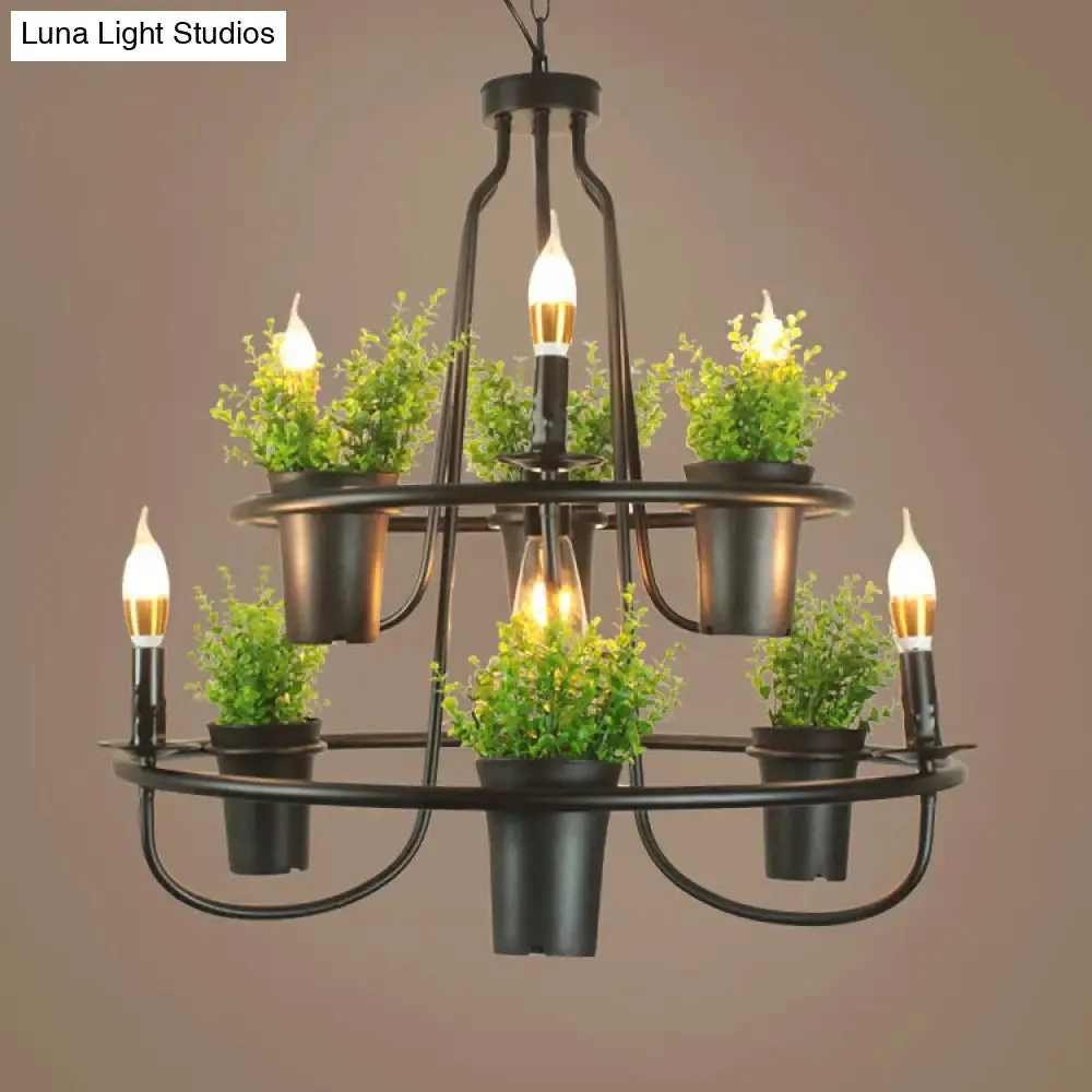 Industrial Metal Chandelier with Green Artificial Pot Plant Pendant Lights & 3 Bulbs for Restaurants