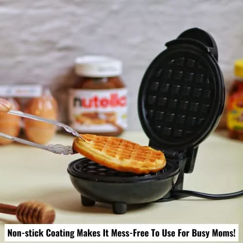 InstaCuppa Mini Waffle Maker-Quick&Easy Breakfast Solution For Busy Moms-Whip Tasty,Healthy Waffles In Minutes For Your Kids,Easy To Clean Non-Stick Coating,Small Size&Portable,4 Inch,Black