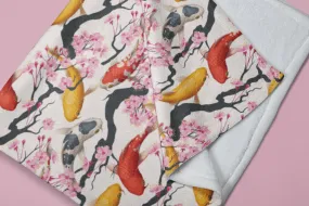 Japanese Koi Fish Cherry Blossoms Soft Fluffy Velvet Flannel Fleece Throw Blanket