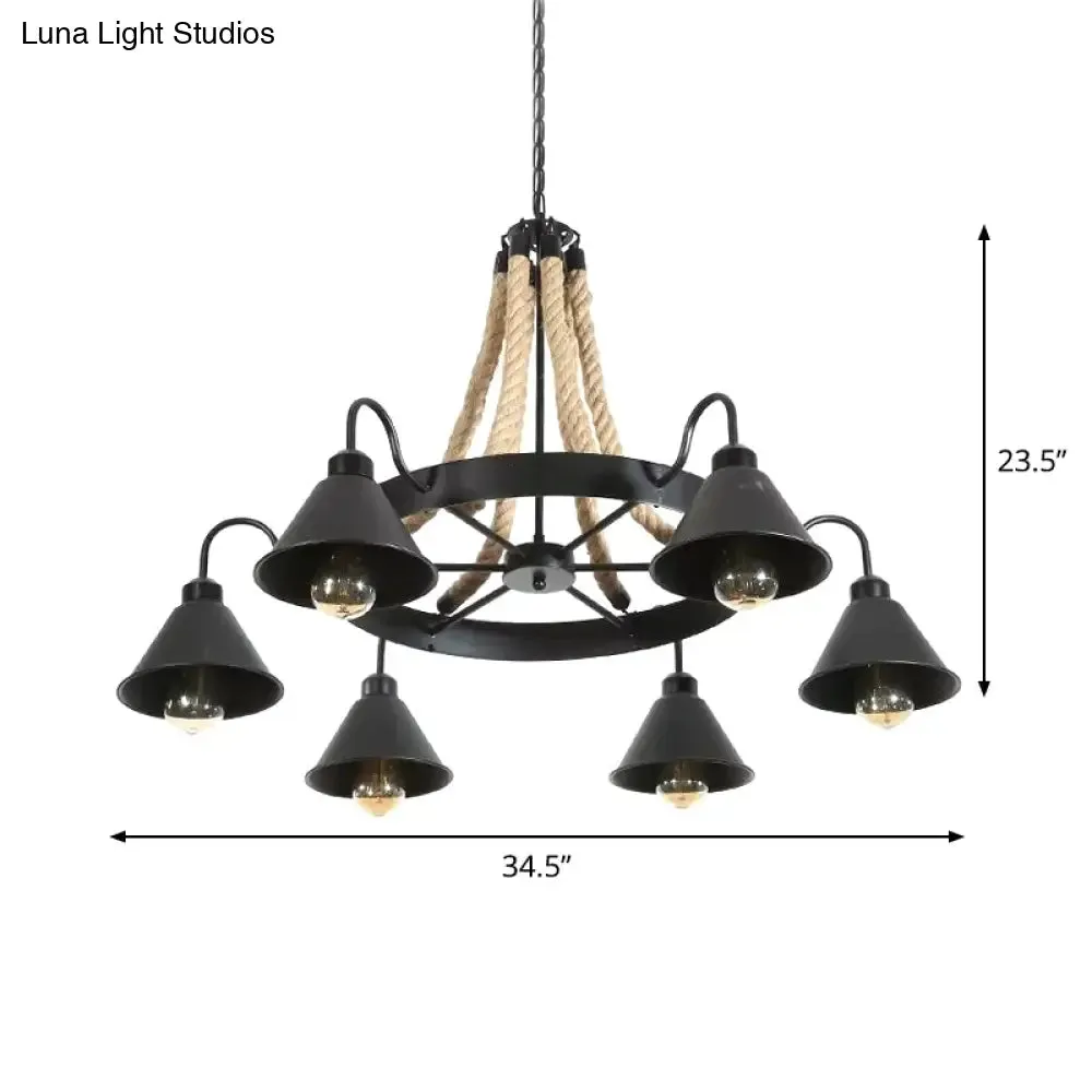 Loft Style Rope Chandelier with Cone Metal Shade - Brown Pendant Light, 6/8 Heads