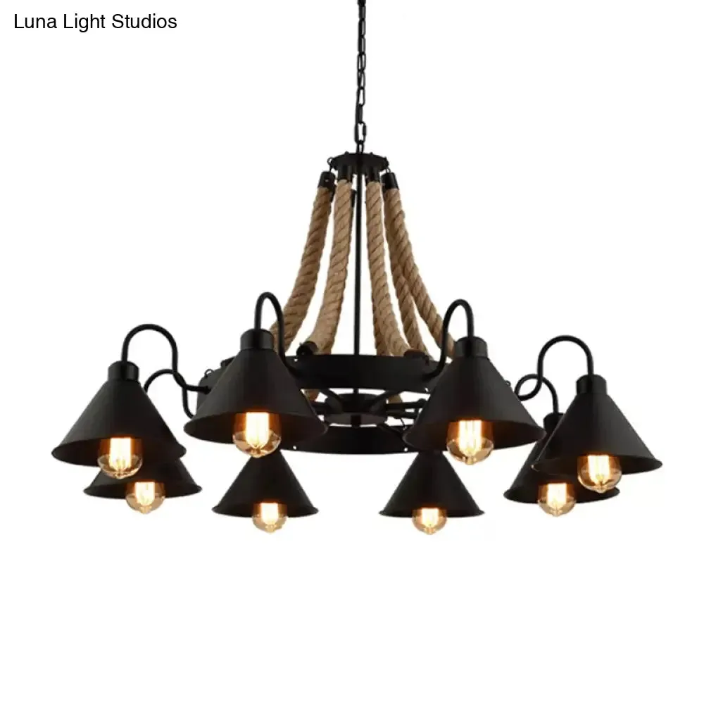 Loft Style Rope Chandelier with Cone Metal Shade - Brown Pendant Light, 6/8 Heads