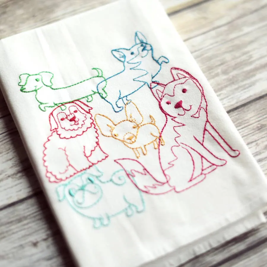 Lots of Dogs or Cats Lint-free Heavyweight Embroidered Floursack Tea Towel Handmade