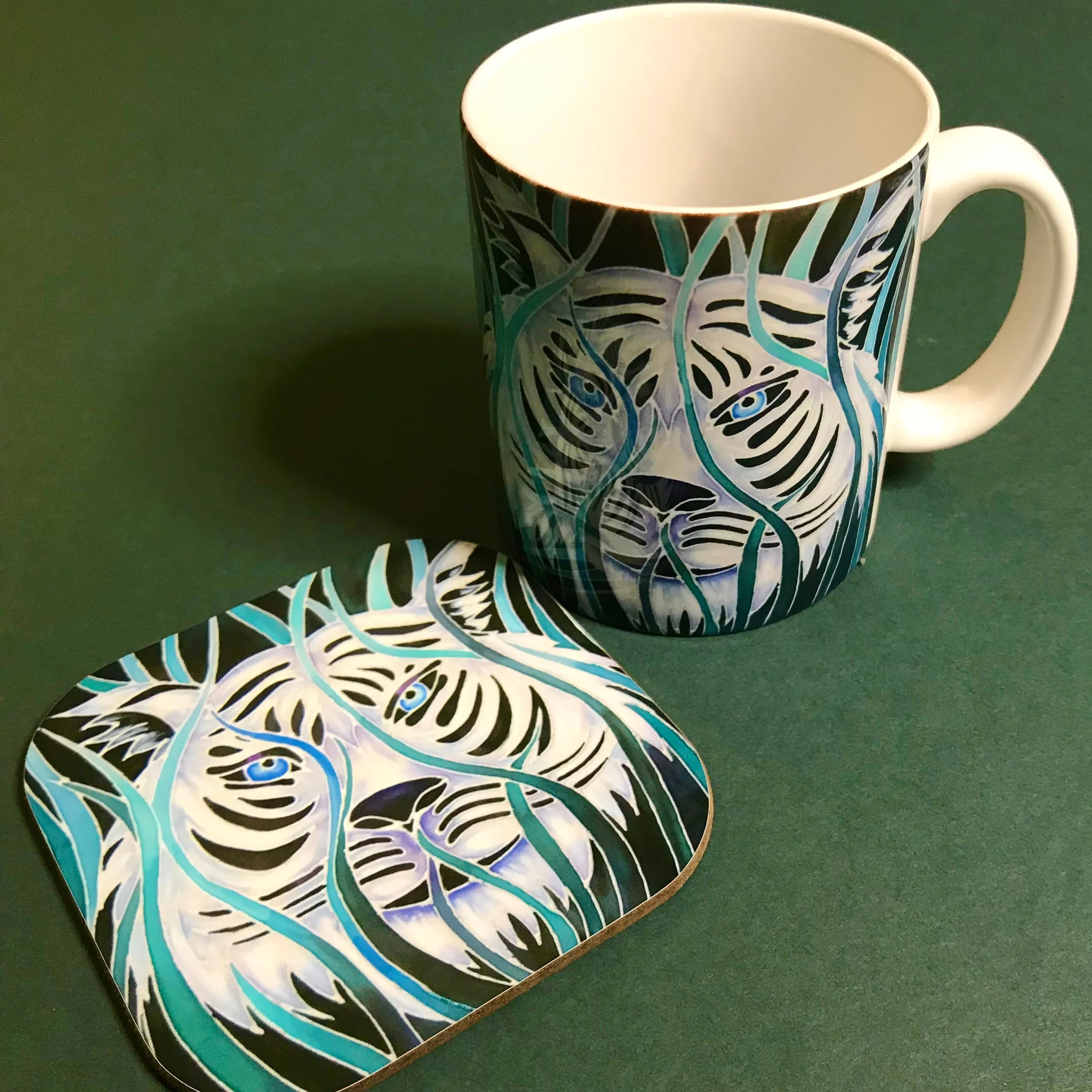 Majestic White Tiger  Mug in teal green aqua and white - Wildlife Lovers Mug Gift