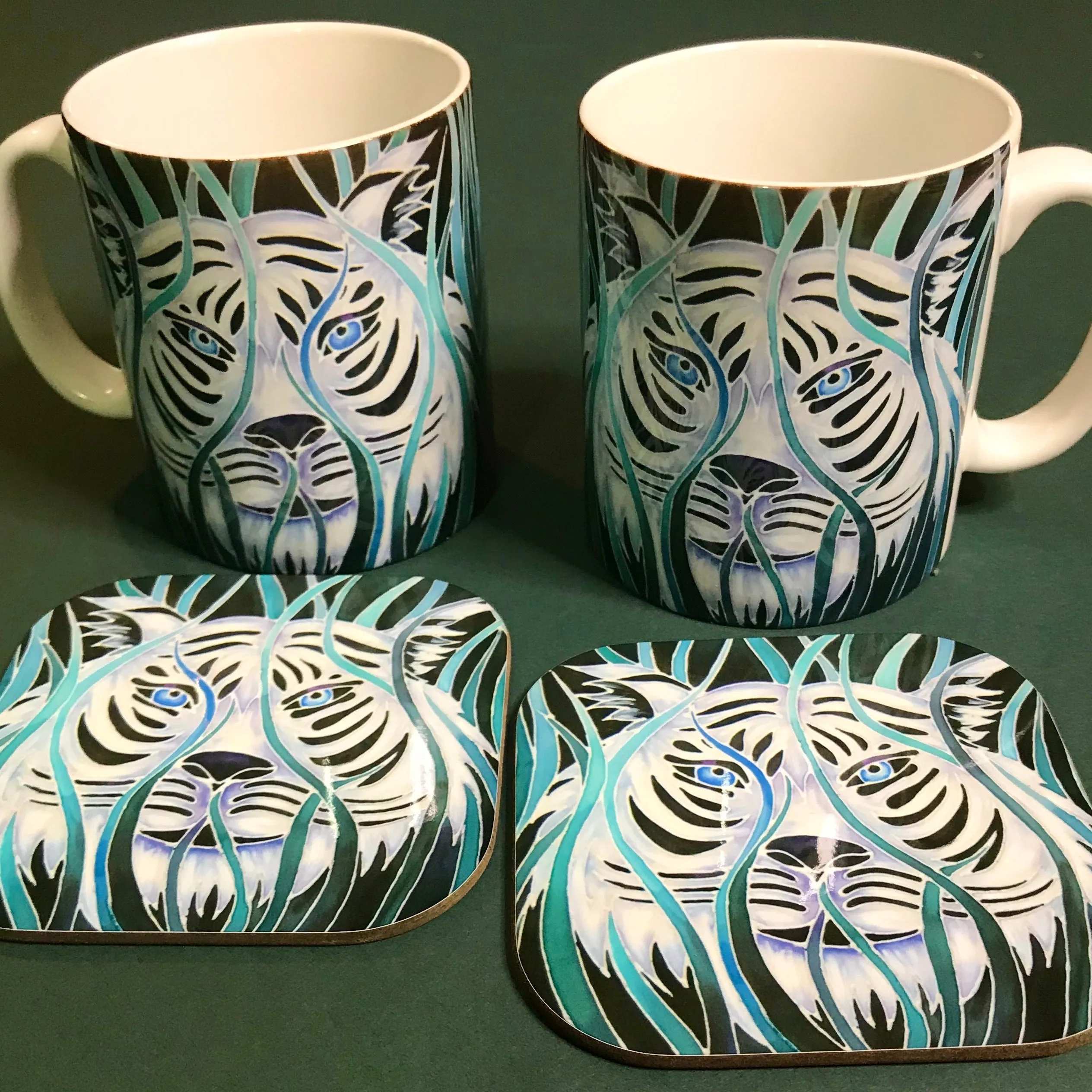 Majestic White Tiger  Mug in teal green aqua and white - Wildlife Lovers Mug Gift