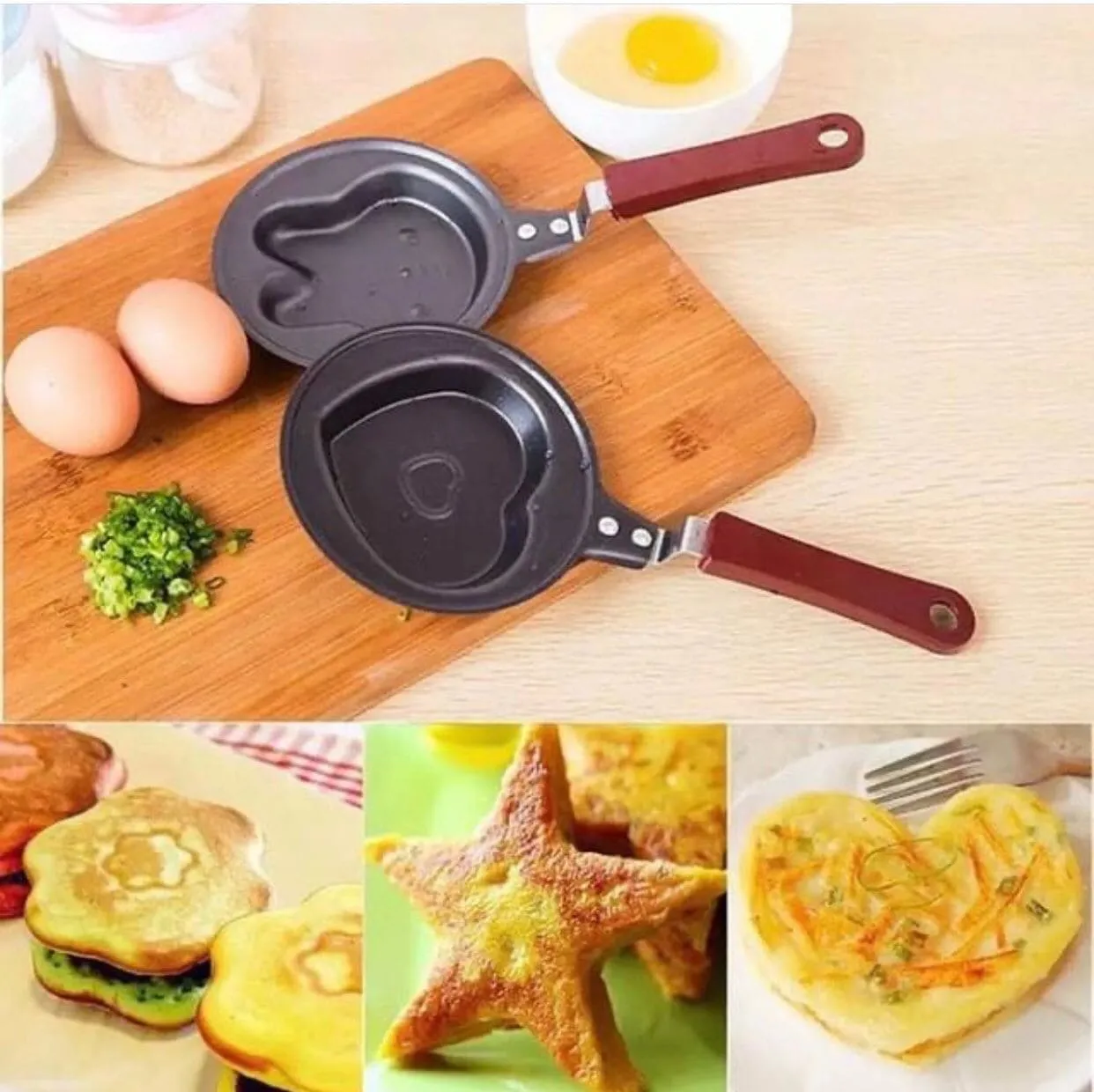 Mini Egg Frying Pan, Star Heart Strawberry Breakfast Egg mold, Fried Egg Pancake Mold, Non-Stick Egg Pancake Omelet Mini Frying Pan, Mini Cookware Black Non Stick Pan