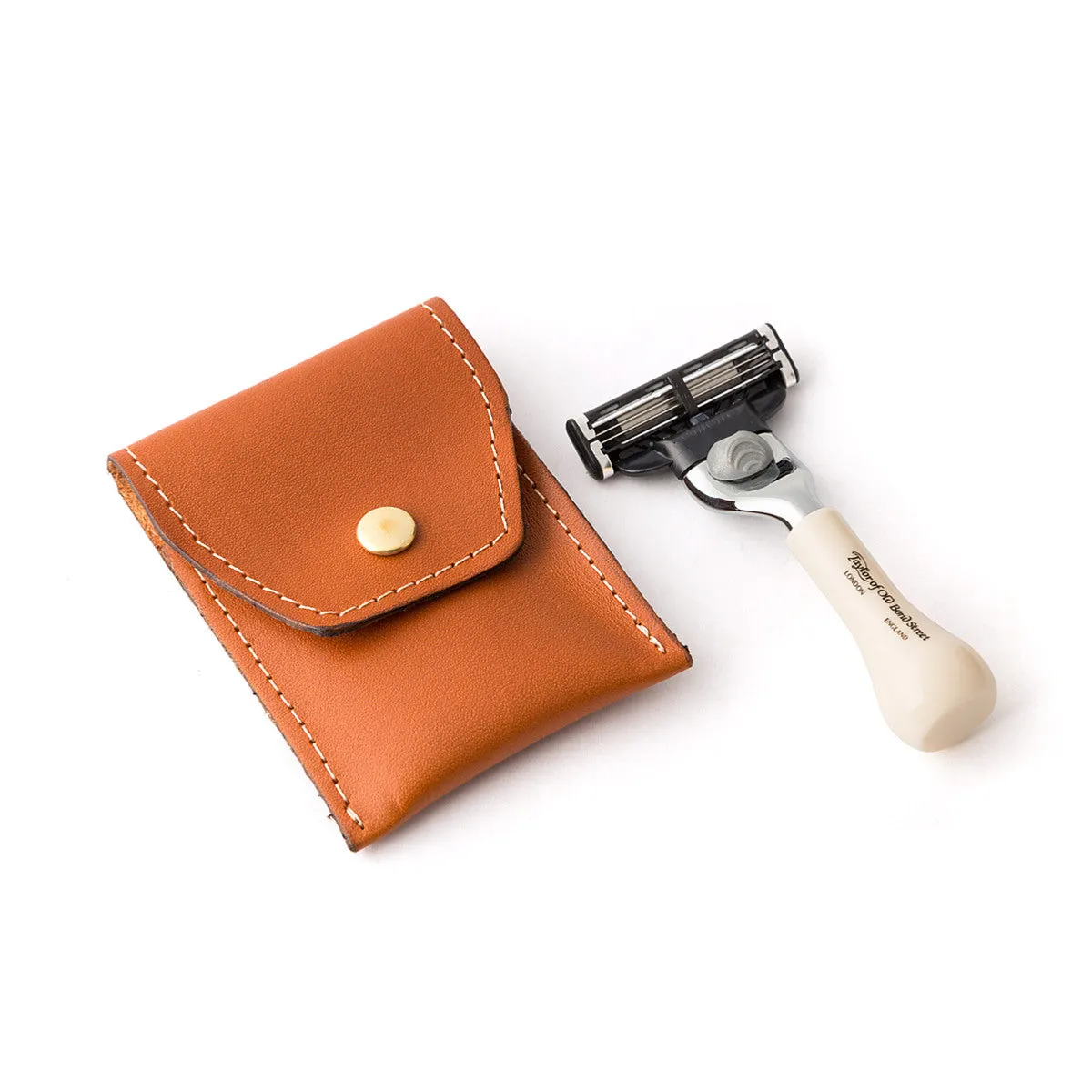 Mini Imitation Ivory Travel Mach3 Razor in Leather pouch