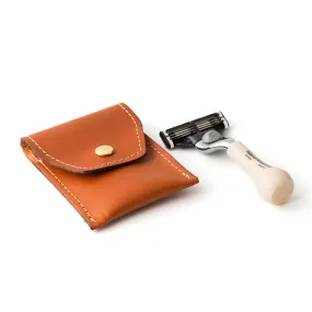 Mini Imitation Ivory Travel Mach3 Razor in Leather pouch