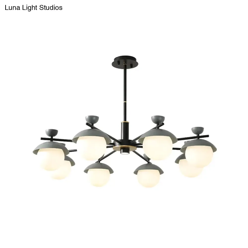 Modern Iron Dome 8-Head Black and Grey Radial Pendant Chandelier with White Glass Shade