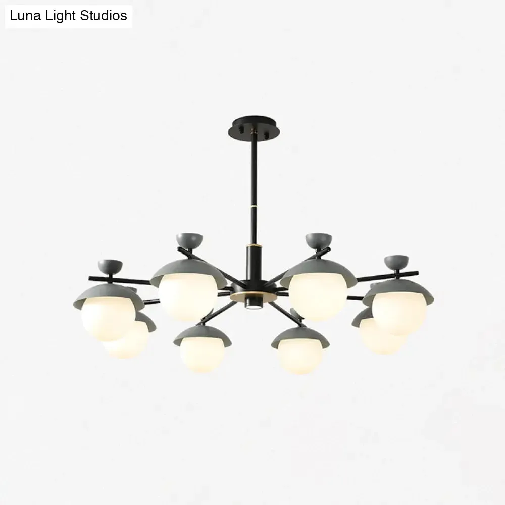 Modern Iron Dome 8-Head Black and Grey Radial Pendant Chandelier with White Glass Shade