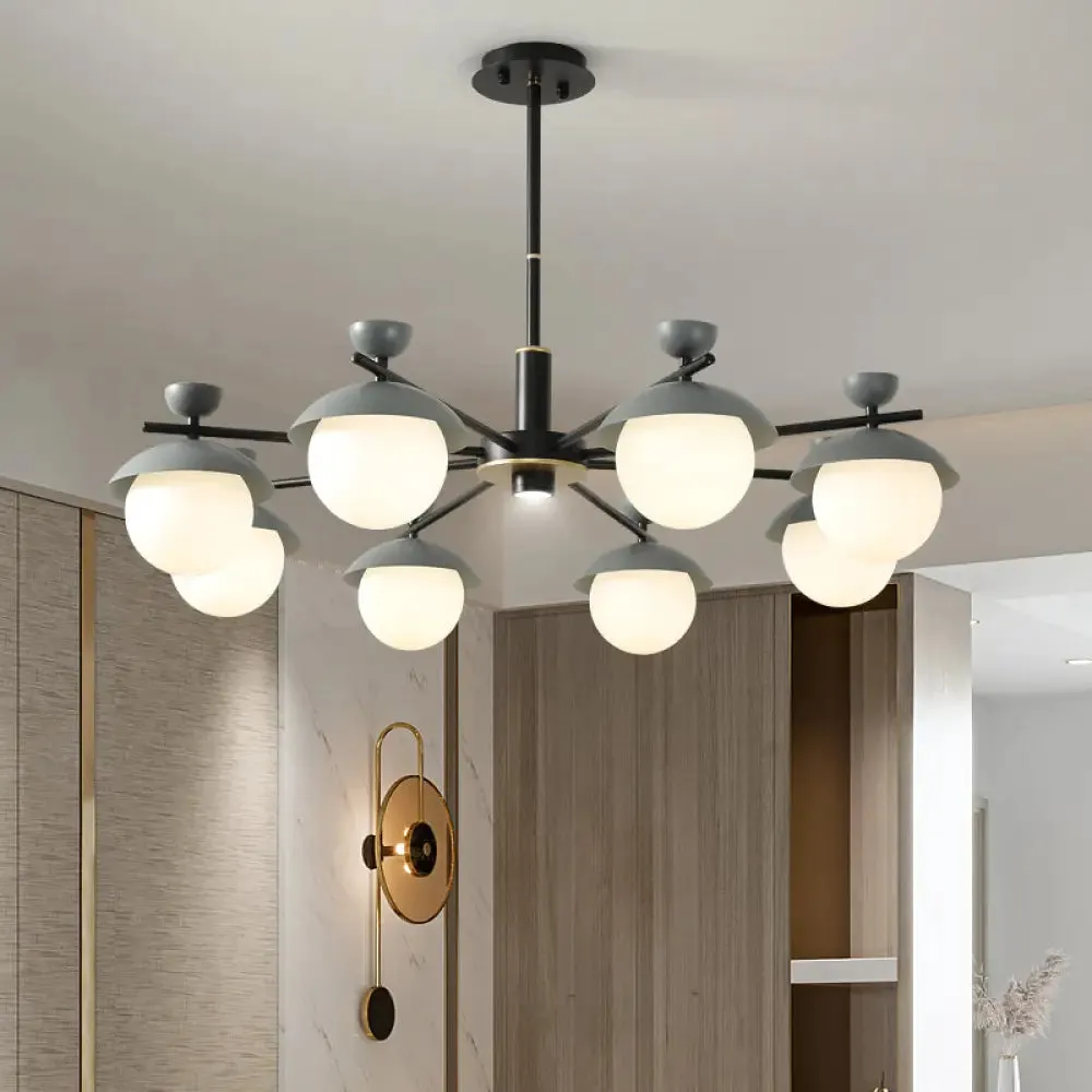 Modern Iron Dome 8-Head Black and Grey Radial Pendant Chandelier with White Glass Shade