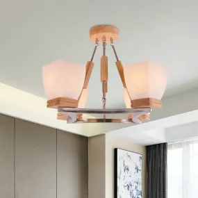 Modern Trapezoid Chandelier | 4-Head White Frosted Glass | Chrome & Wood Ceiling Light