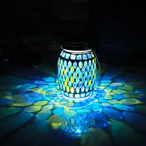 Mosaic Solar Lanterns Outdoor Hanging Lights, Solar Table Lamps & Cool Blue Color Mosaic Glass Lights, Outdoor Waterproof Solar Night Lights, Garden,Patio,Pathway & Yard Décor