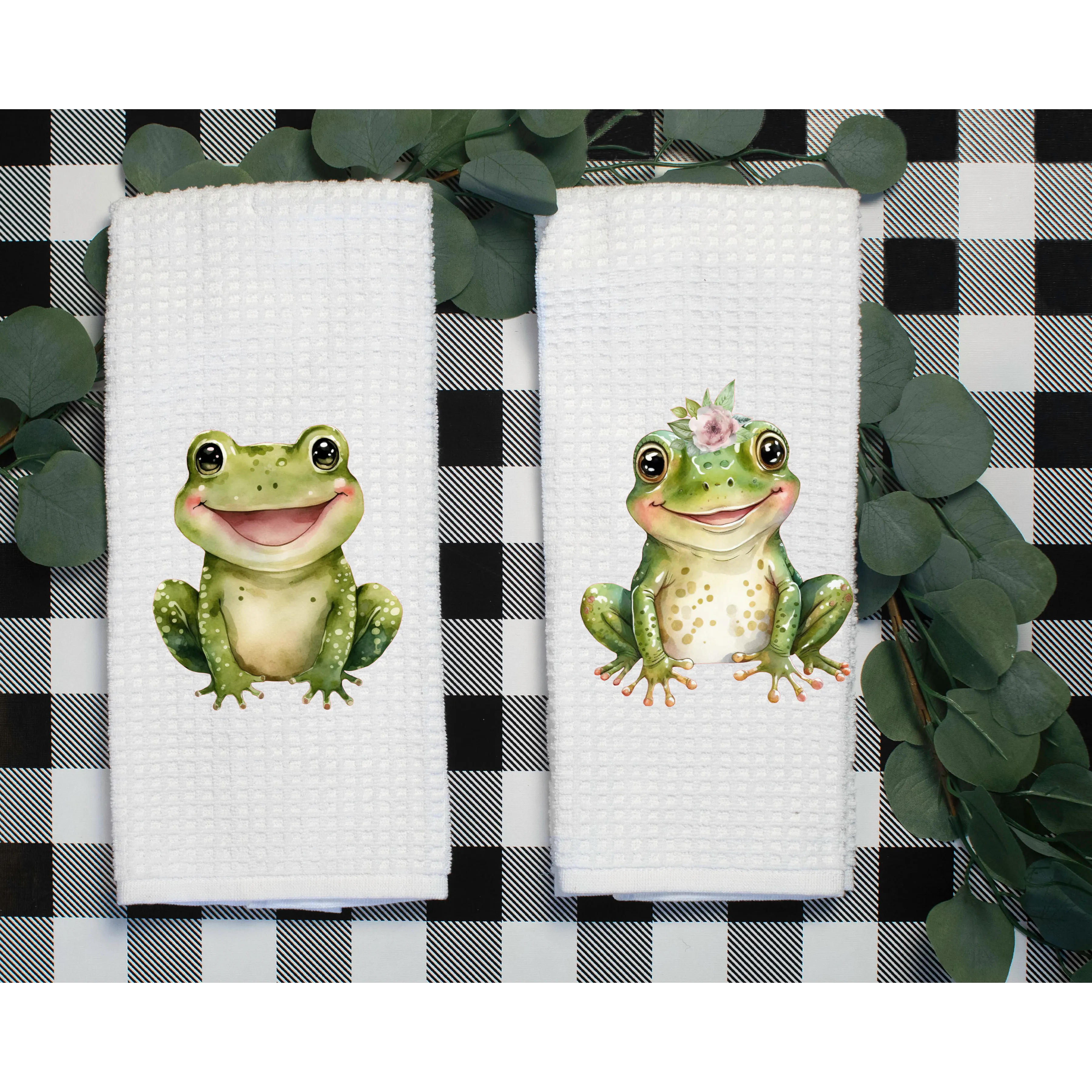 Mr. & Mrs. Frog Tea Towel Set, Whimsical Tea Towel,  Spring Summer Tea Towel, Spring Summer Kitchen Décor, Hostess Gift