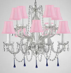 Murano Venetian Style All Crystal Chandelier Lighting W/ Blue Crystals H 25" X W 24" With Pink Shade - G46-Sc/Pinkshade/B33/1122/5 5