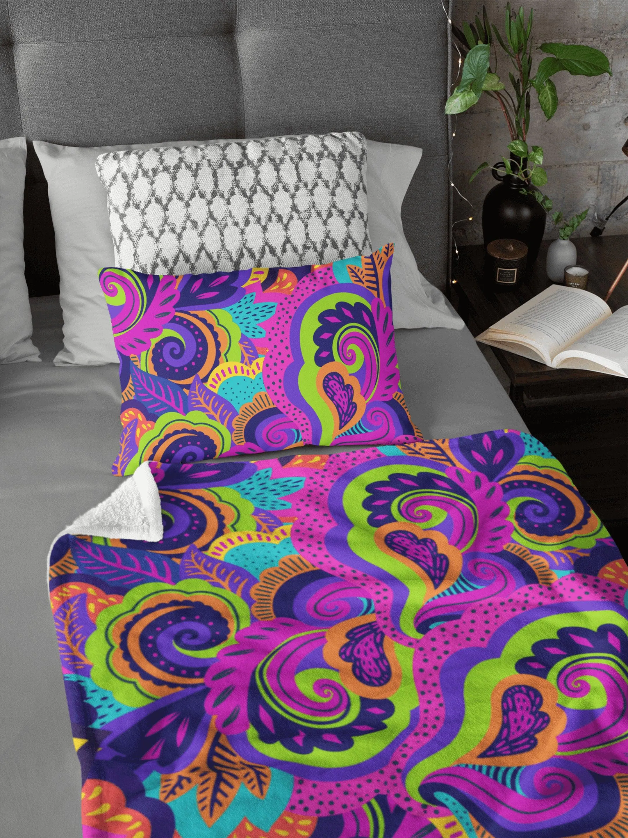 Paisley Swirl Pink Green Purple Colorful Fluffy Velvet Flannel Fleece Throw Blanket