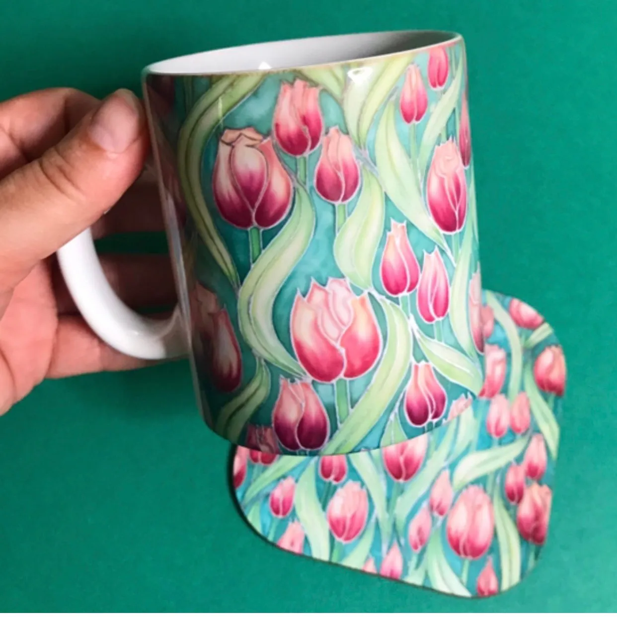 Pink Tulips mug - Mug and coaster box set - Flower Mug In Pink and Green - Mug Gift Set