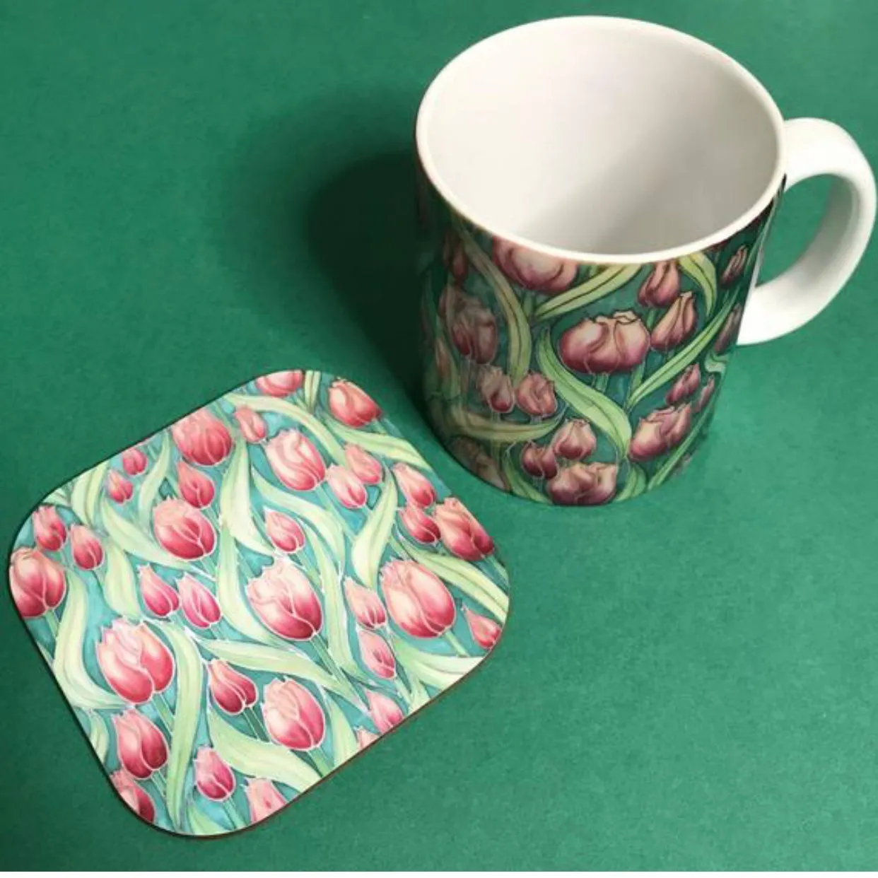 Pink Tulips mug - Mug and coaster box set - Flower Mug In Pink and Green - Mug Gift Set