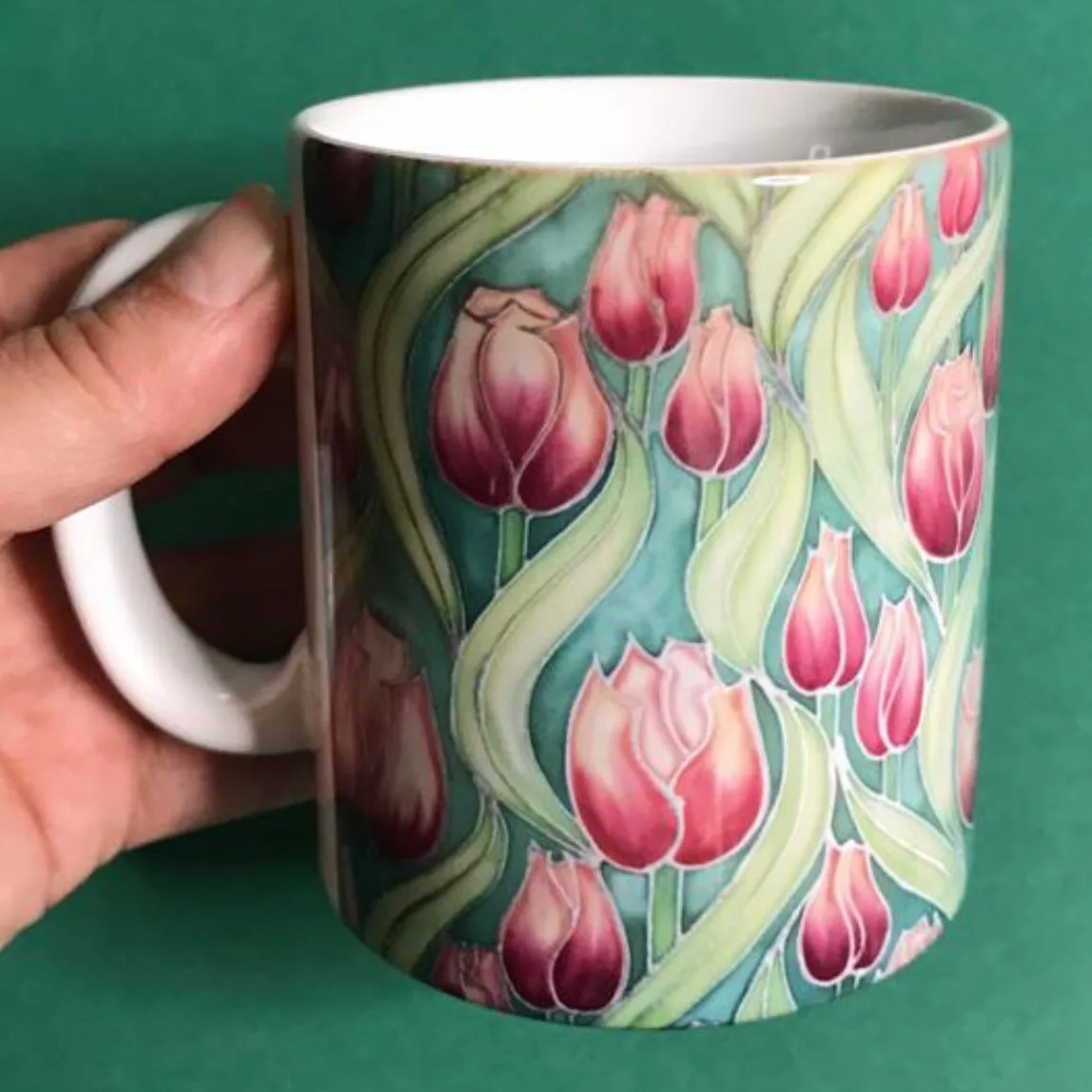 Pink Tulips mug - Mug and coaster box set - Flower Mug In Pink and Green - Mug Gift Set