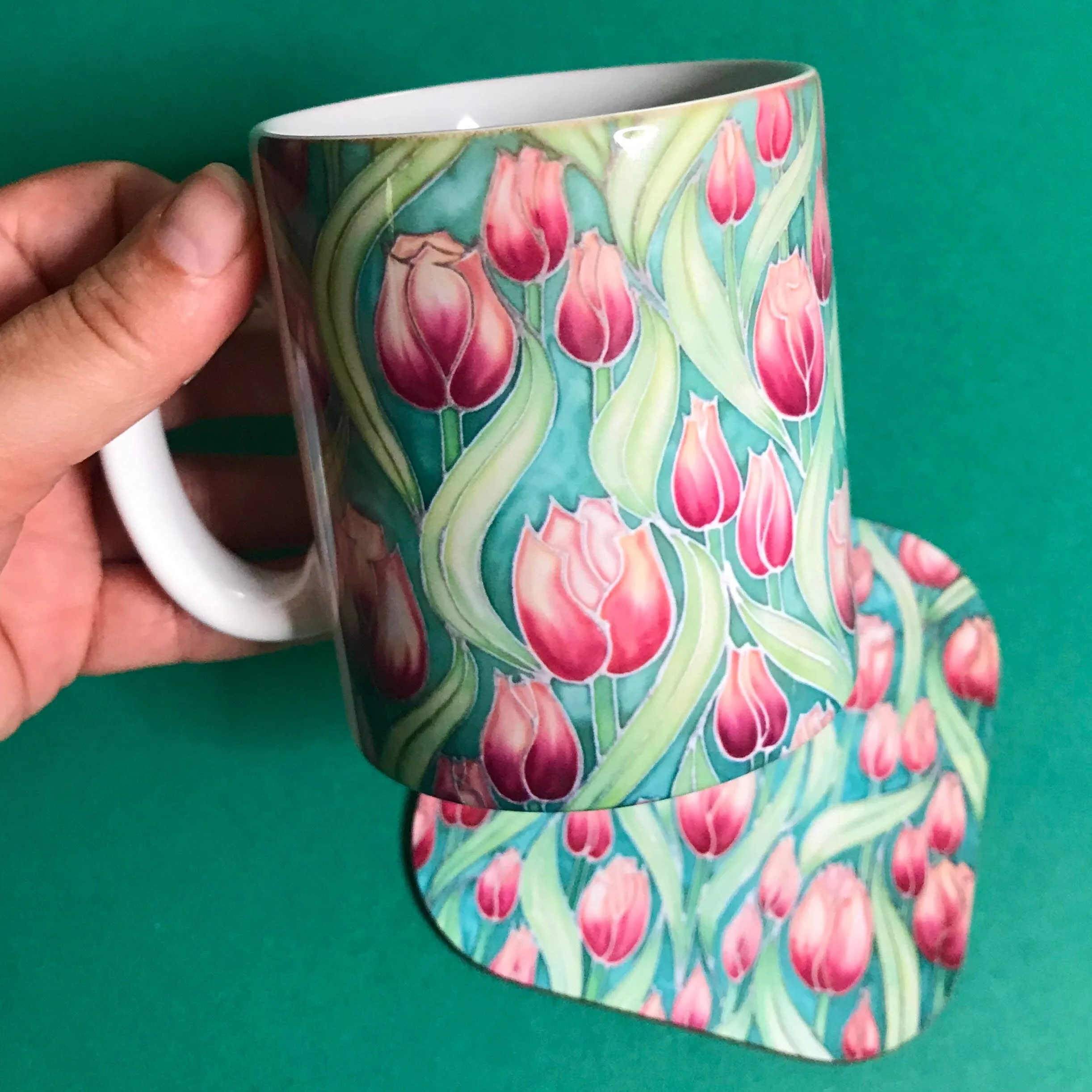 Pink Tulips mug - Mug and coaster box set - Flower Mug In Pink and Green - Mug Gift Set