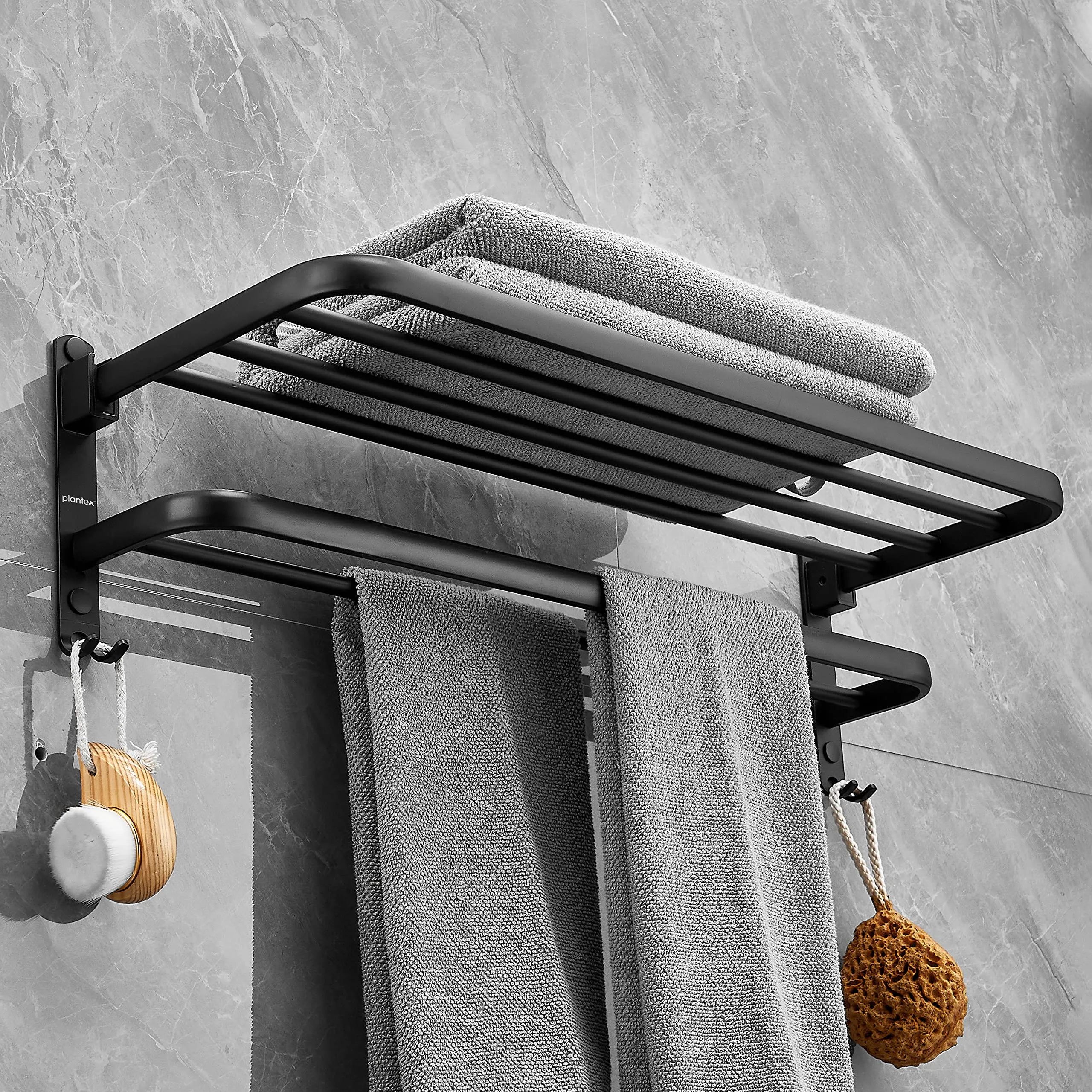 Plantex Space Aluminium Folding Towel Rack with Fix Towel Rod/Towel Bar for Bathroom/Towel Hanger with Hook/Bathroom Accessories (963, Black) - Pack of 1