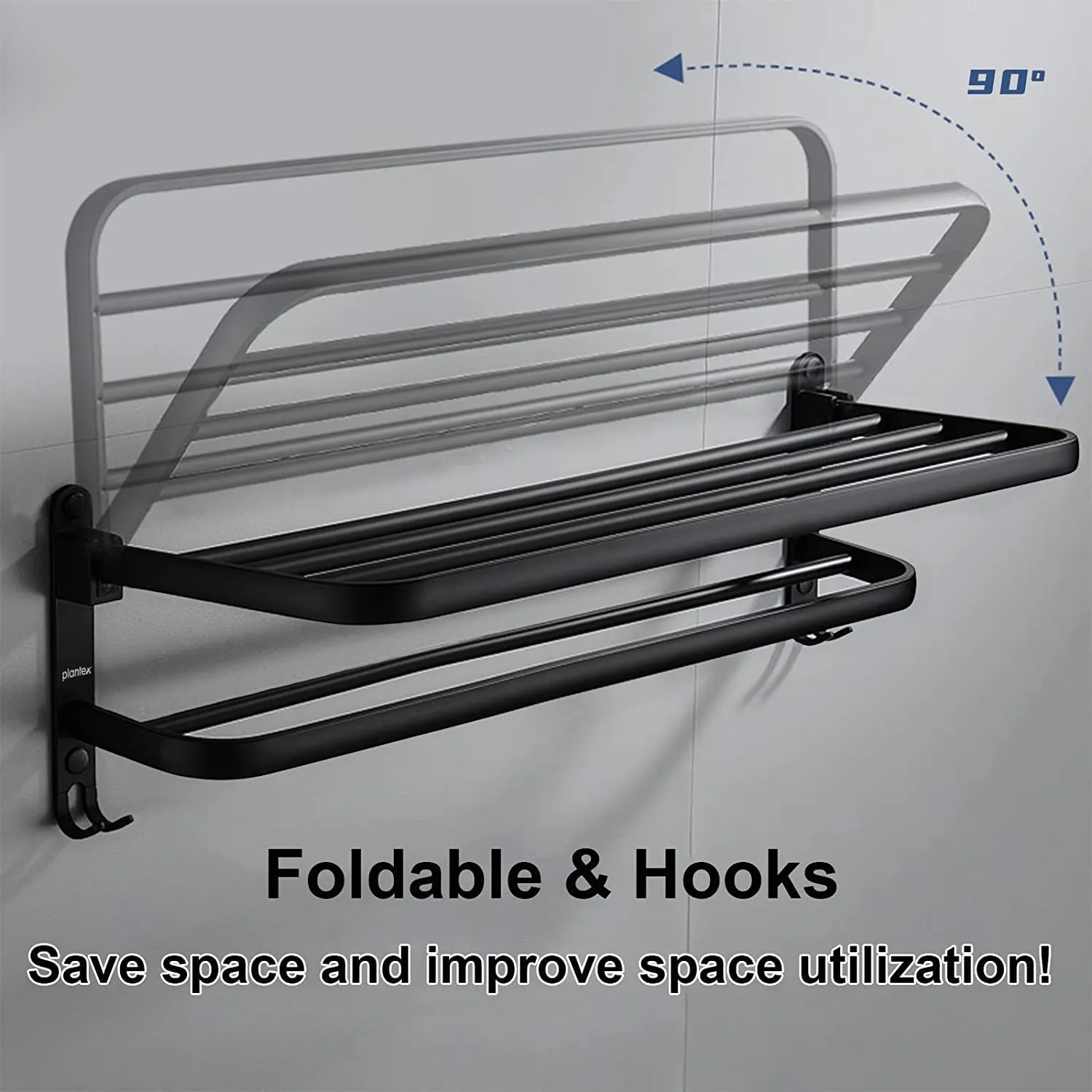 Plantex Space Aluminium Folding Towel Rack with Fix Towel Rod/Towel Bar for Bathroom/Towel Hanger with Hook/Bathroom Accessories (963, Black) - Pack of 1