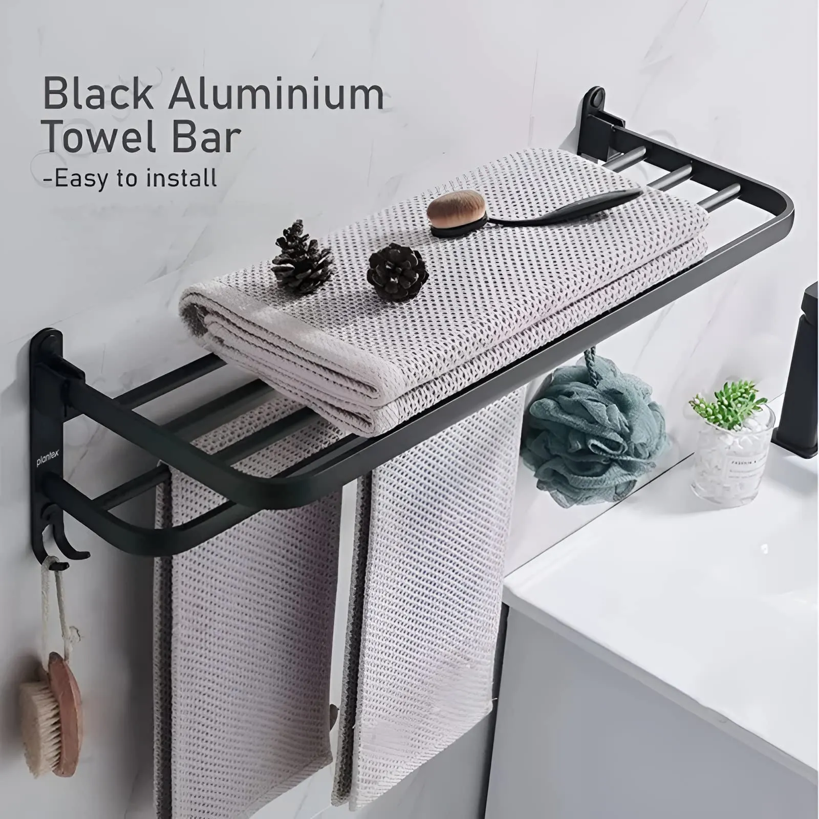 Plantex Space Aluminium Folding Towel Rack with Fix Towel Rod/Towel Bar for Bathroom/Towel Hanger with Hook/Bathroom Accessories (963, Black) - Pack of 1