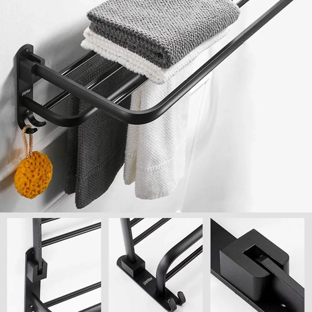 Plantex Space Aluminium Folding Towel Rack with Fix Towel Rod/Towel Bar for Bathroom/Towel Hanger with Hook/Bathroom Accessories (963, Black) - Pack of 1