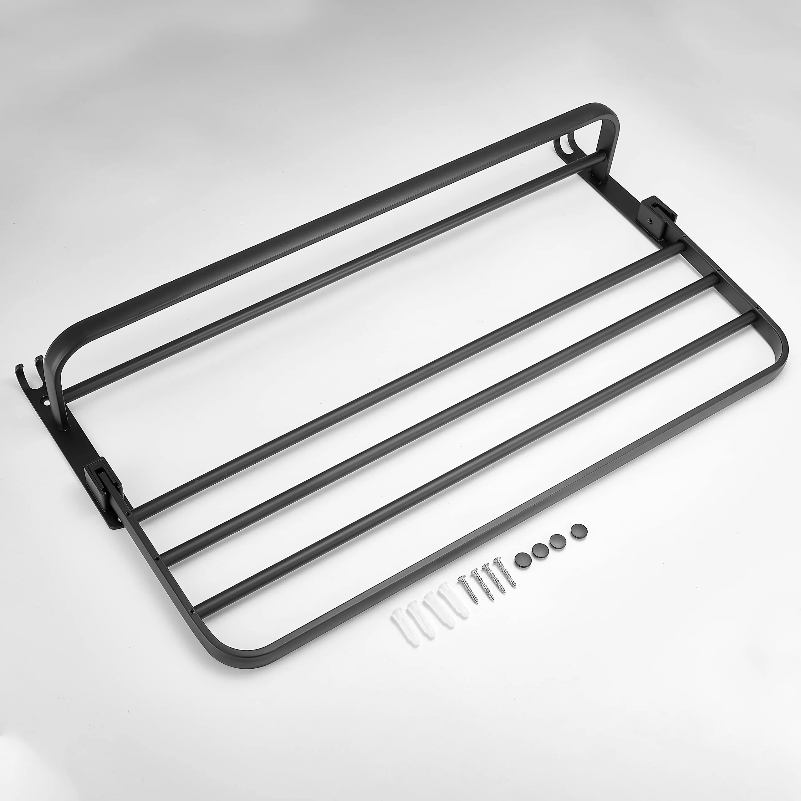 Plantex Space Aluminium Folding Towel Rack with Fix Towel Rod/Towel Bar for Bathroom/Towel Hanger with Hook/Bathroom Accessories (963, Black) - Pack of 1