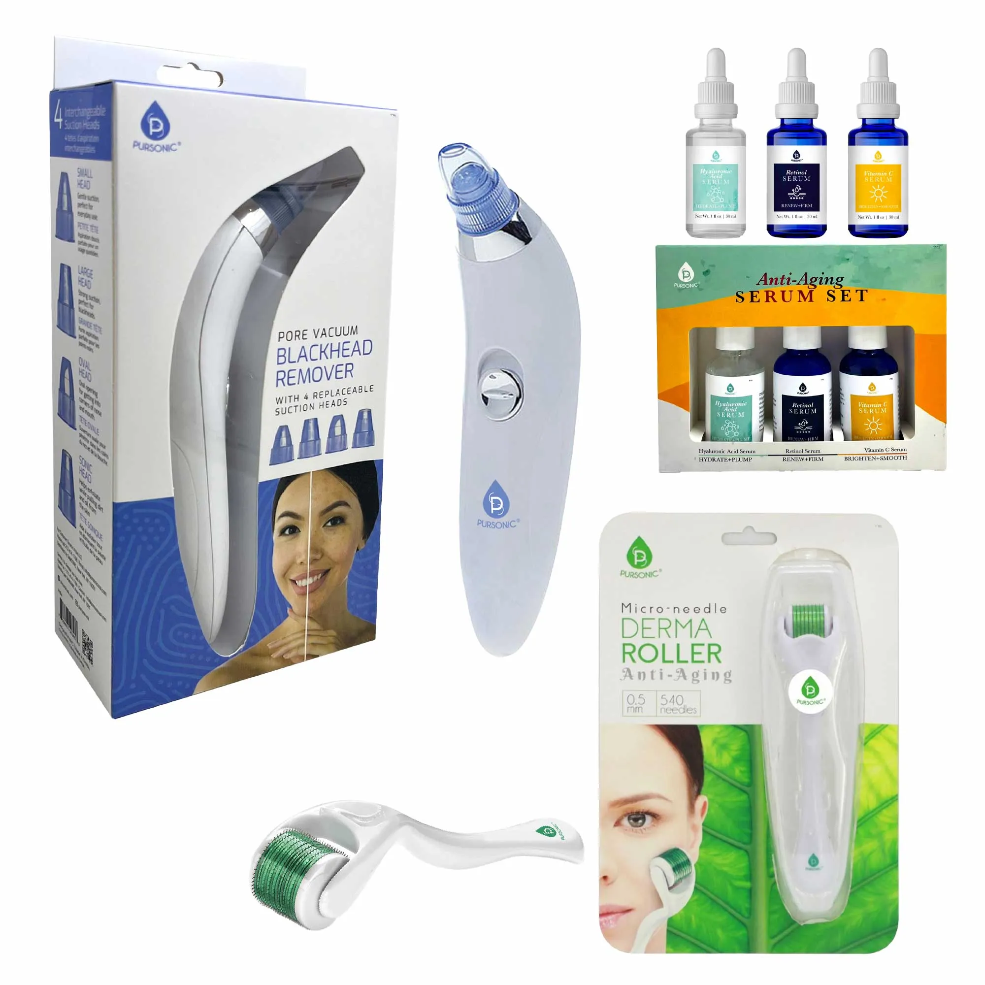 Pursonic Ultimate Rejuvenation Bundle: Micro Needle Derma Roller, Pore Vacuum Blackhead Remover & 3-Pack Anti-Aging Serum Set