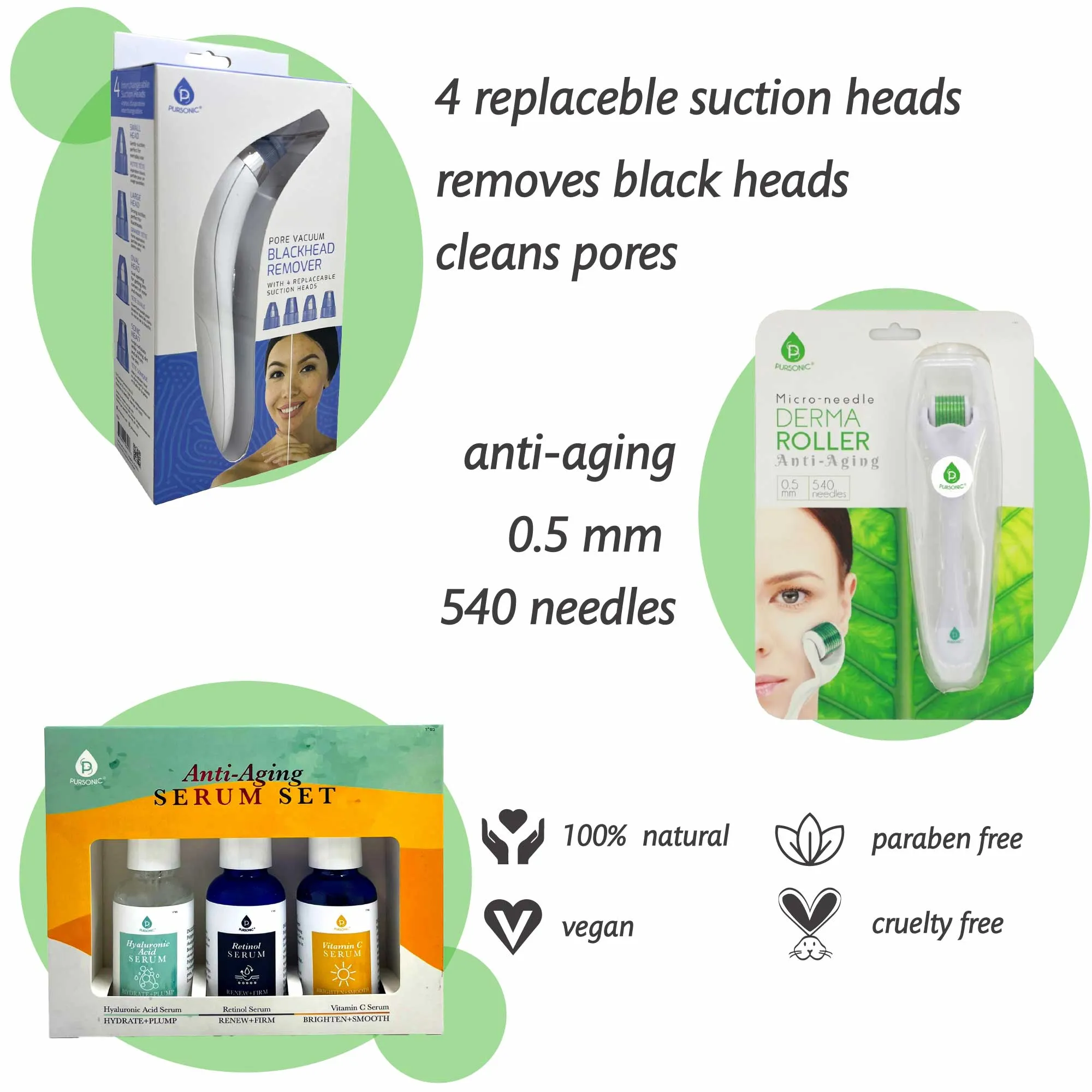 Pursonic Ultimate Rejuvenation Bundle: Micro Needle Derma Roller, Pore Vacuum Blackhead Remover & 3-Pack Anti-Aging Serum Set